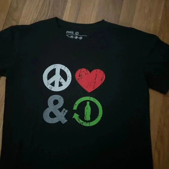 Coca-Cola Peace Love T-Shirt Men's Black Size L - Picture 2 of 5